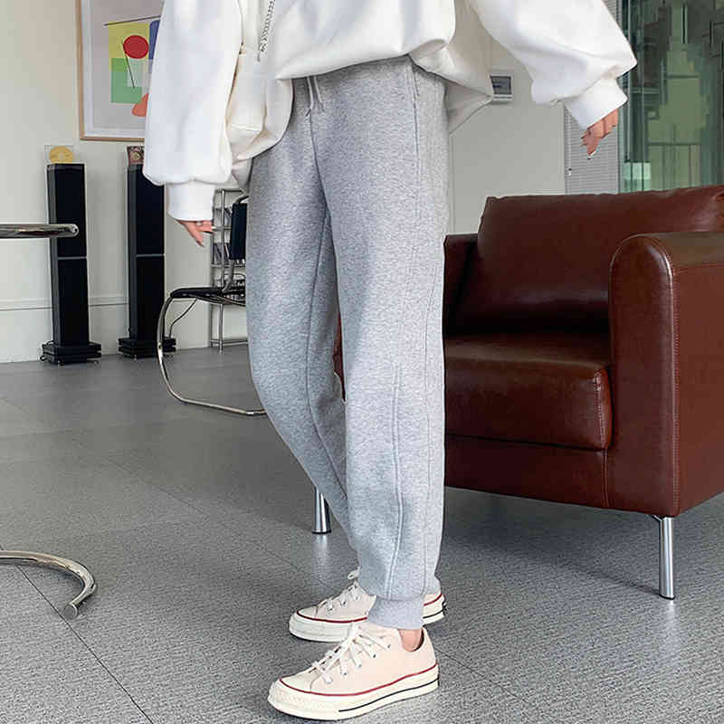 Nomikuma Autumn Winter Fleece Thick Sweatpants Lace Up Stretch High Waist Long Trousers Causal Solid Women Harem Pant 6D294 210427