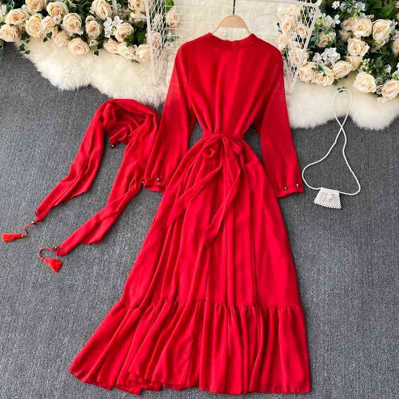 LoveFlowerLife Fashion Korean Clothings Vestidos Sweet V-neck Long Sleeve Drape High Waist Slimming Korean Women Dress 210521