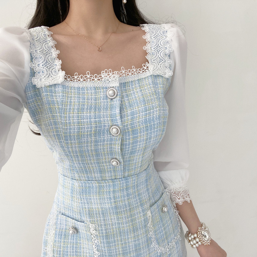 Korea Spring Fashion Temperament Sweet Chiffon Patchwork Tweed Elegant Square Collar Top + High Waist Mini Skirt Suit 210518