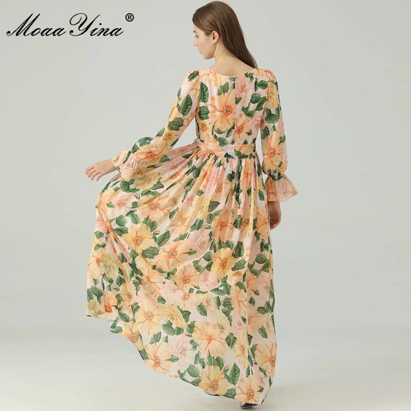 Bohemia Summer Runway Long chiffon Dresses Women sleeve Floral Print O-neck Vacation Maxi Dress 210524
