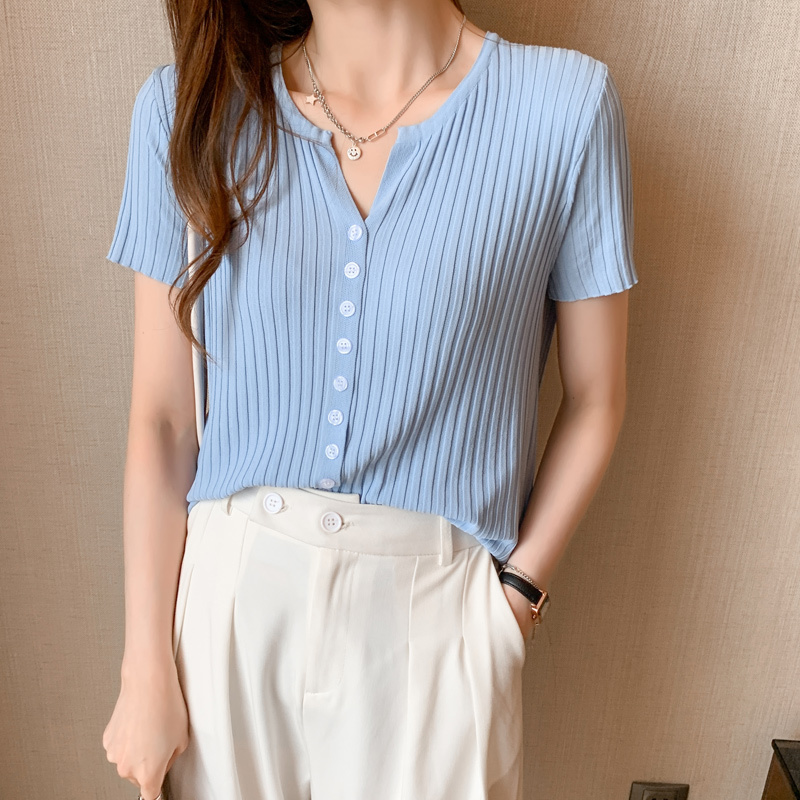 Summer Knitted V-neck Cardigan Knitwear Women Short Sleeve Single Breasted Tops Sweater Solid Korean Fashion Jumpers Femme 210514