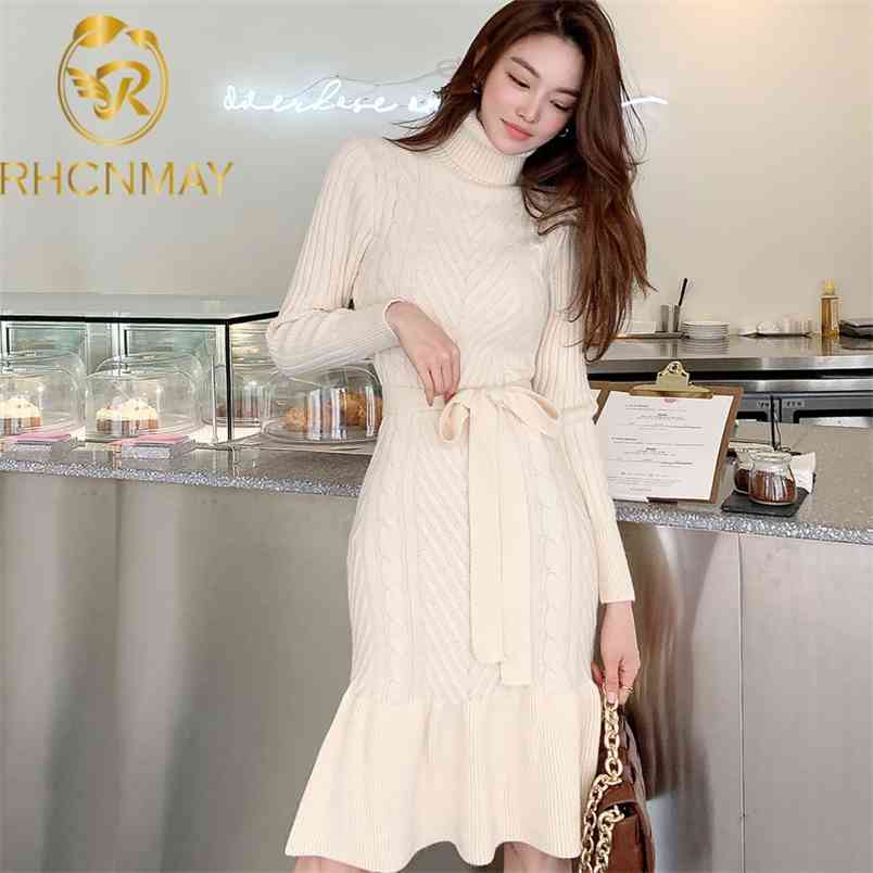 Dress Women Winter Sweater Knit Turtleneck Warm Long Sleeve Knee Length Bodycon Fashion Elegant Autumn Casual es 210506