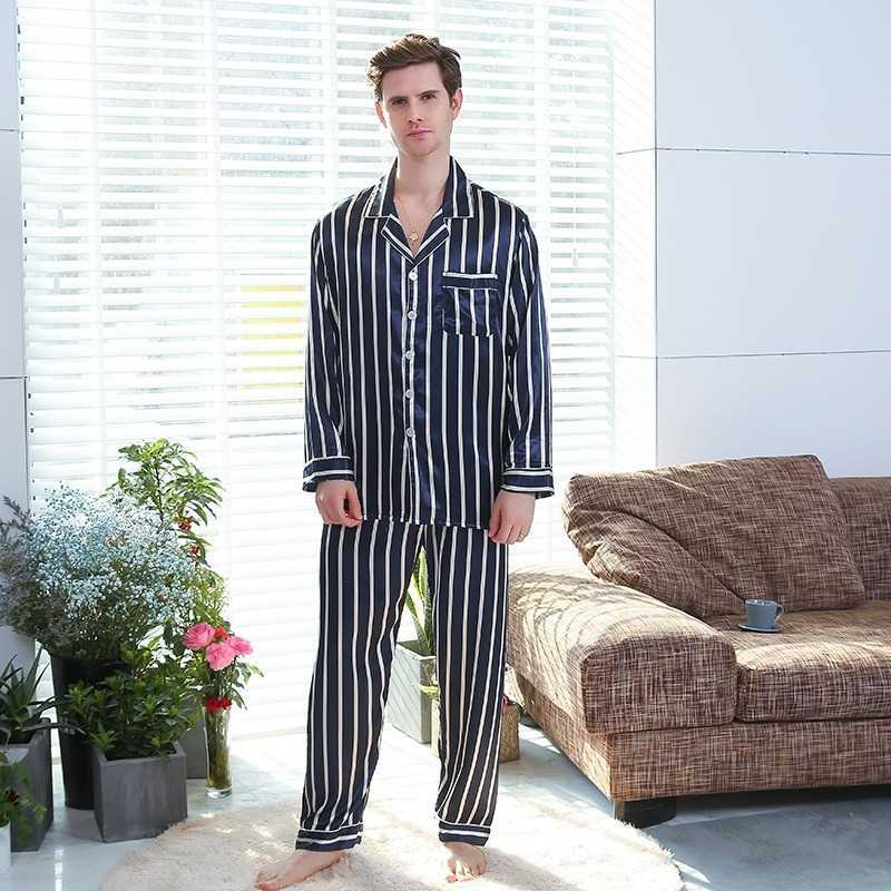 Pajama Sets Men Silk Satin Pijamas Striped Sleepwear Home Suit Pajama Lover Man Woman Lovers' Clothes Sleep Tops 211019