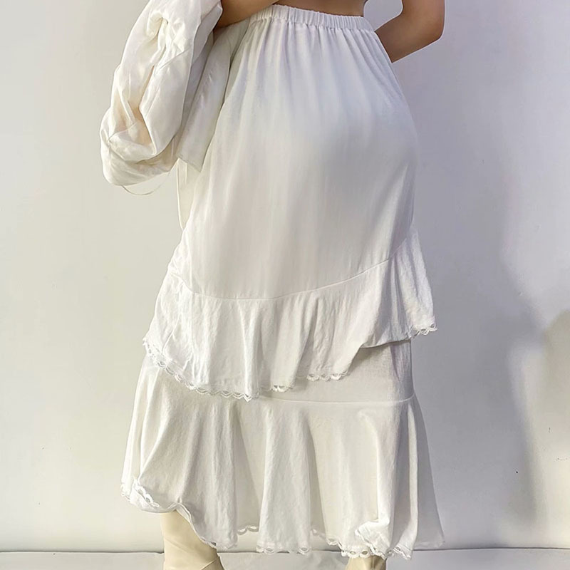 Skirt Woman White Lace Jupe Longue Femme Fairy Boho Taille Haute Ruffle Midi Blanche Spring Summer Faldas Largas Elegantes 210521