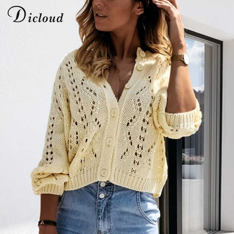 DICLOUD Blue Hollow Out Women's Cardigans Autumn Winter Round Neck Button Up Knitted Sweaters Ladies Fashion Knitwear 210928