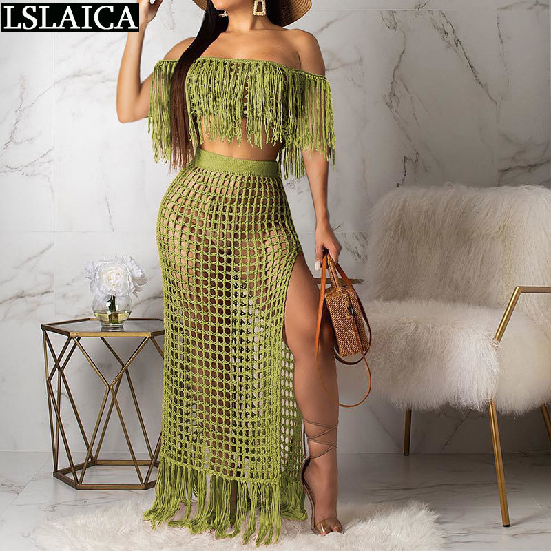 Sexy Outfits for Woman Beach Night Club Fashion 2 Piece Set Women Exposed Navel Hollow Out Tassel Thigh Slit Skirt 210515