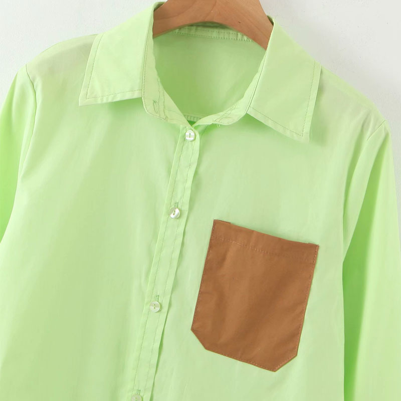 Harajuku Lapel Long-sleeved Pocket Single-breasted Fluorescent Green Chic Women's Shirt Versatile Hit Color Female Shirt Tops 210507