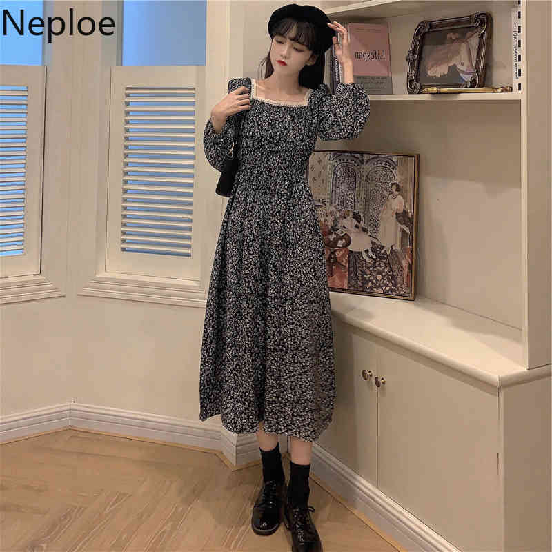 Neploe Women Dress Retro Floral Chiffon Vestidos Spring Plus Size Lace Patchwork Ropa Mujer Long Sleeve Slim Waist Midi Dresses 210422