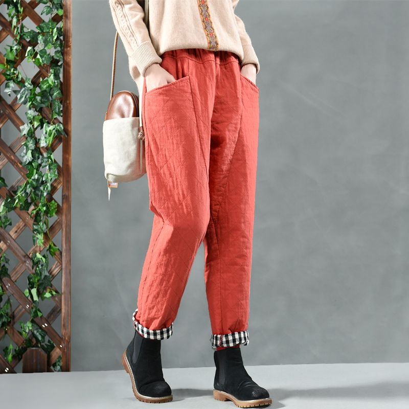 Autumn Winter Arts Style Women Elastic Waist Loose Cotton Linen Harem Pants quilted Big pocket Vintage S404 210512