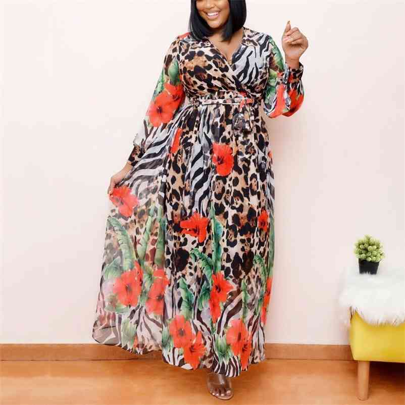 Autumn Chiffon Dress Leopard Print Long Sleeve v Neck Floor Length High Waist Elegant African Evening Party 210510