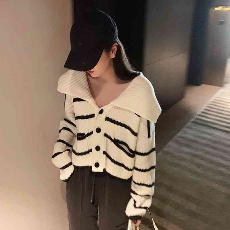 Short Casual Jumpers Long Sleeve Sailor Collar Cardigan Jacket Women Autumn Loose Striped Knitted Sweater Pull Japan Style Wild 210429
