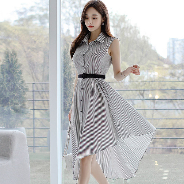 Summer Korea Striped Dresses Sleeveless Belt Single Breasted Irregular Mid-Calf Casual Women's Clothes 210518