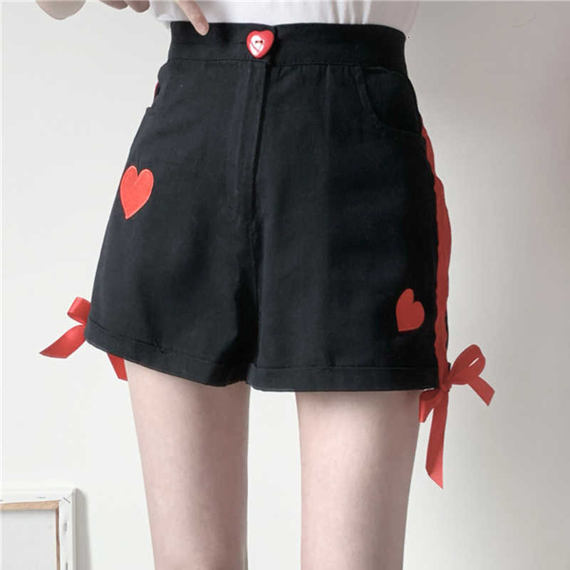 Women's Shorts Harajuku Fashion Cute Heart Embroidery Denim Women Korean Girls Kawaii Ribbon Jeans Streetwear Casual White Black Y