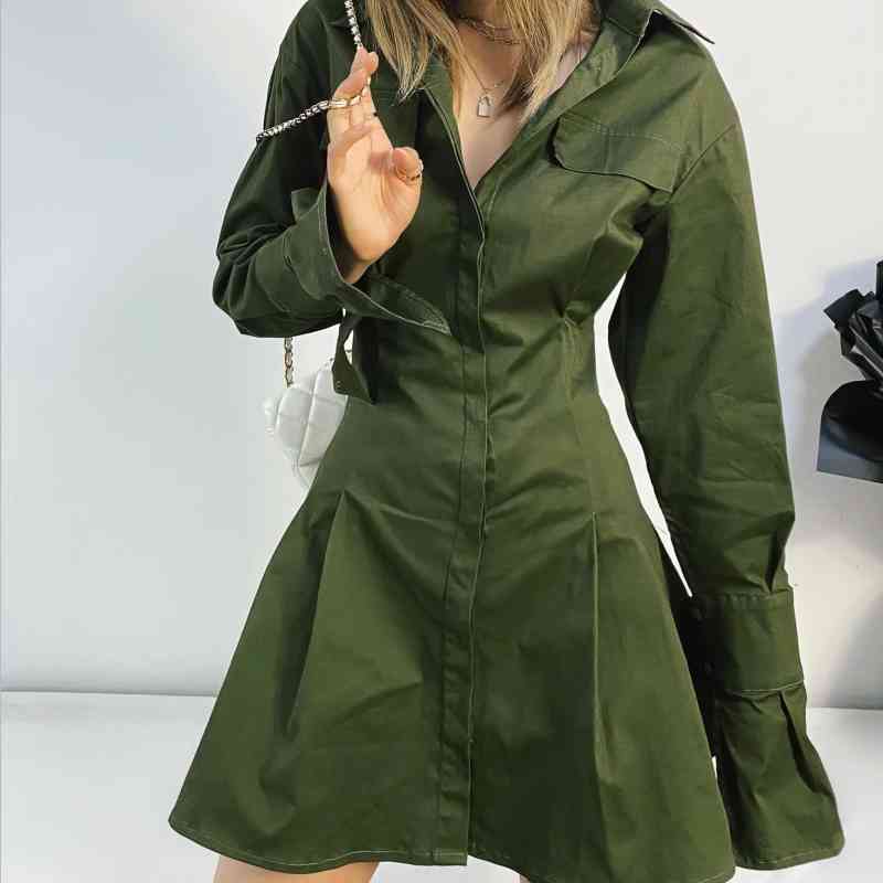 Women Army Green Slim Mini Shirt Dress Female Turndown Collar Long Sleeve Clothes Casual Lady Vestido D7018 210430