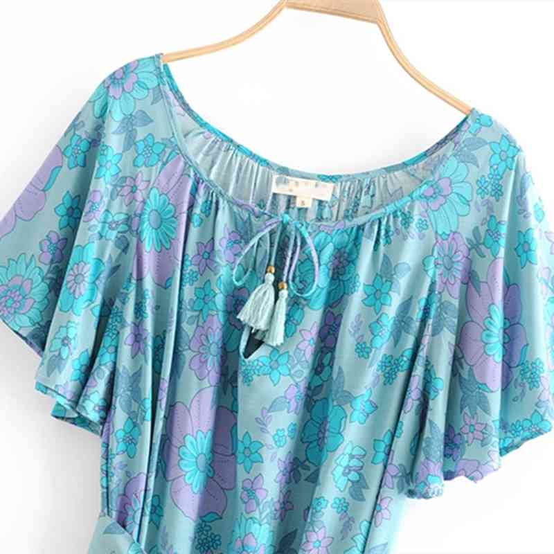 beauty Fashion Boho Style Floral Print Midi Dress Women Holiday Chic Sashes Short Sleeve Tassel Mini Dresses Female 210514