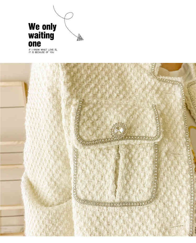 Autumn And Winter White Coat Women Short Ladies Runway Style Diamond Wool Tweed Woven Jacket 210520