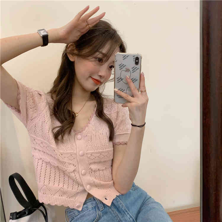 Summer Knitted Crop Cardigan Tops Women Korean Elegant Vintage Short Sleeve Ladies Jumpers V-neck Sweater Femme 210519