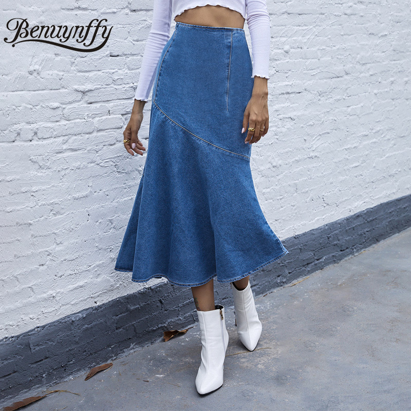 Zipper Fly Ruffle Hem Denim Skirt Women Autumn winter High Waist Bodycon Jean s Elegant Ladies Split Long 210510