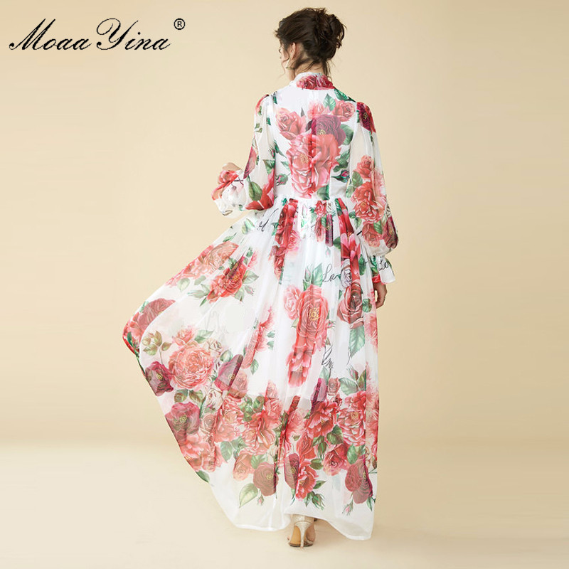 Spring Summer Maxi Dress Bow Collar rose Floral Prin Butterfly Sleeve Long Casual Holiday Bohemian Loose 210524