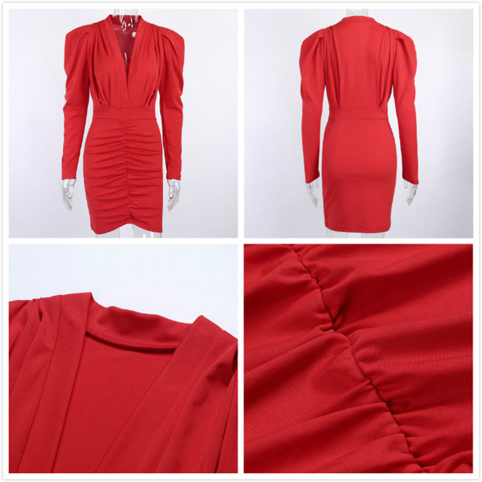 Women's Dress Red Sexy V-neck Puff Sleeve Draped Bodycon Mini Celebrity Club Nightclub Party es Vestidos 210524
