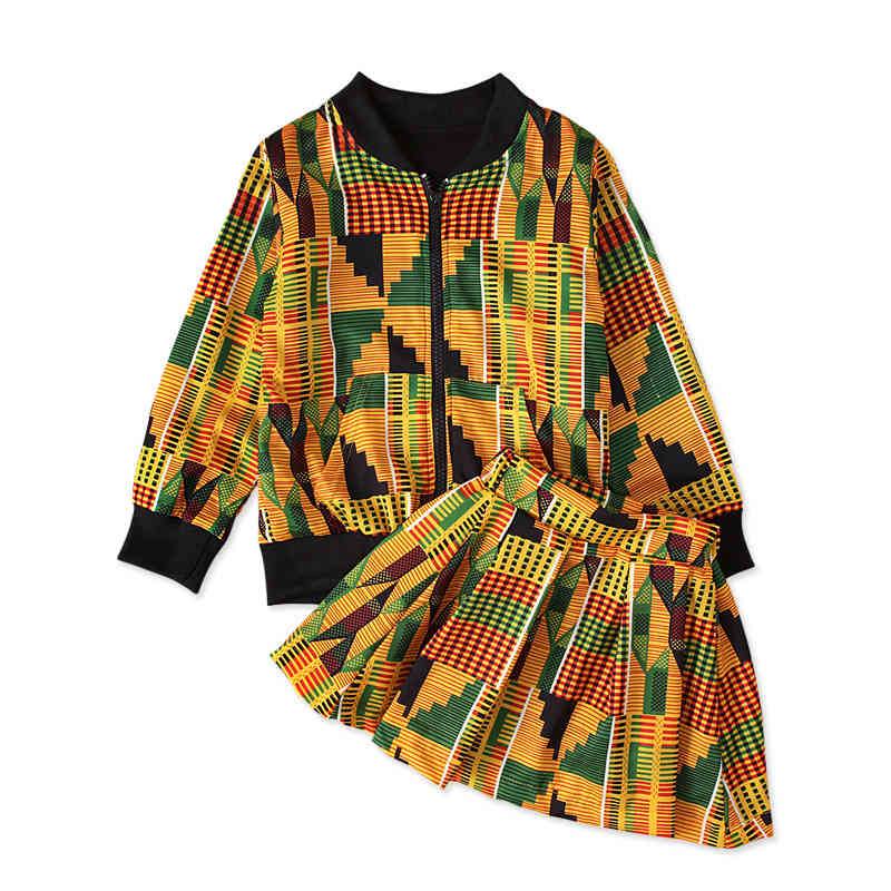 Girl Set Fashion Christmas Outfits African Bohemian Zipper Jacket + Dress 2 Piece Suit Kids Clothes 210515