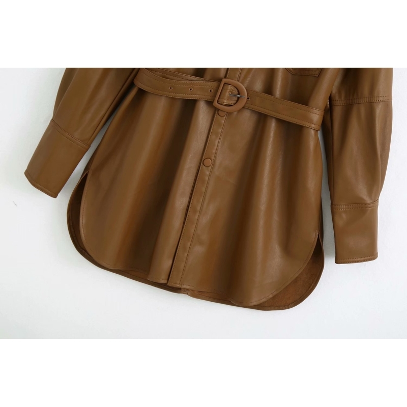 Long PU Leatehr Coats Autumn Fashion Pockets Ladies Casual Waist Belt Female Jacket Brown Girls Coat 210430