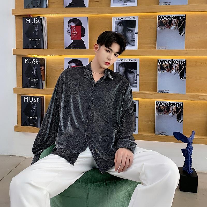 M-XL!Spring Designer Custom Silver Fabric Drape Loose Elegant Shirt Tide Brand Men's Chic Long-sleeved Shirt. Casual Shirts