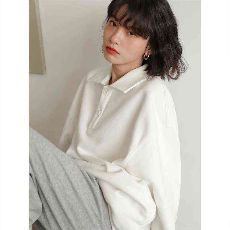 QWEEK Casual Polo Collar Hoodies Women Vintage Korean Style White Sweatshirt Long Sleeve Tops Harajuku Clothes School 211108