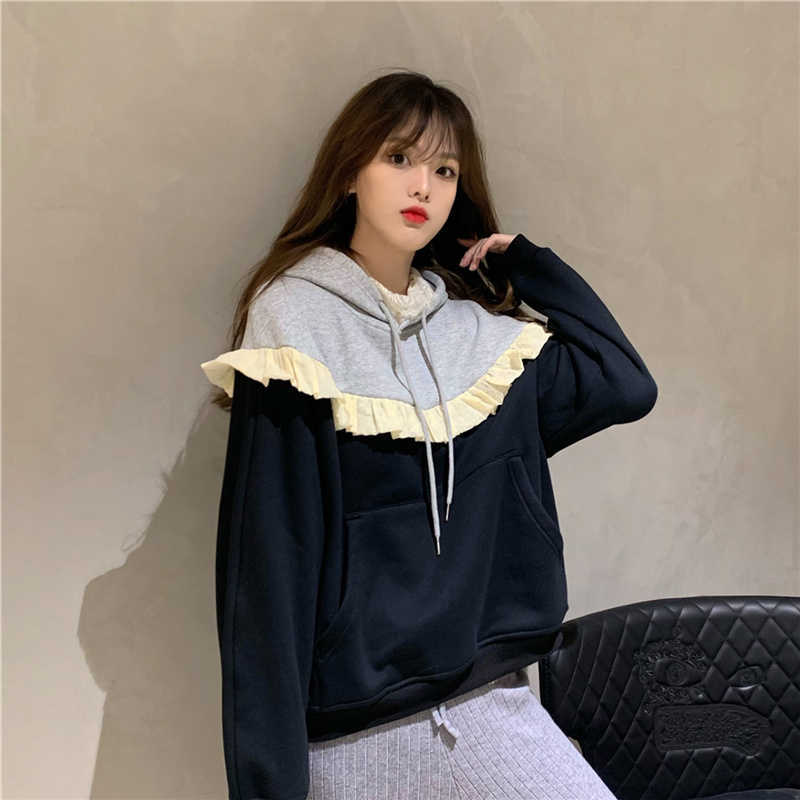 Korean Hit Color Ruffle Patchwork Hooded Sweatshirt Causal Long Sleeve Women Hoodies Thick Top Jumpers 6F165 210603