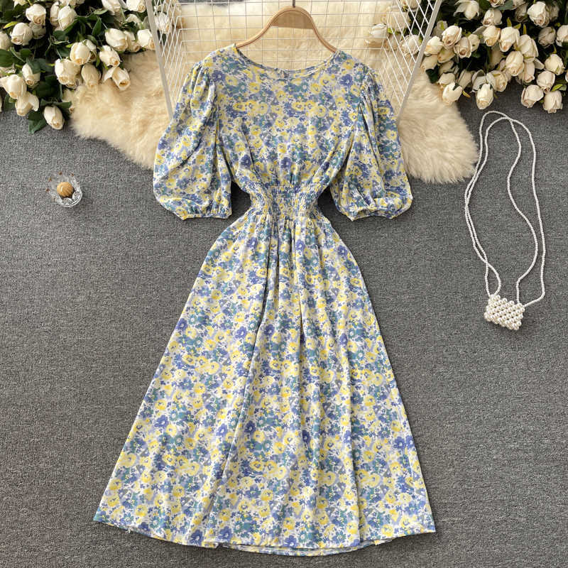 DEAT Women Printing Midi-long Dress Round Neck Three Quarter Sleeve Arrivals Temperament Fashion Spring Summer 11D573 210709
