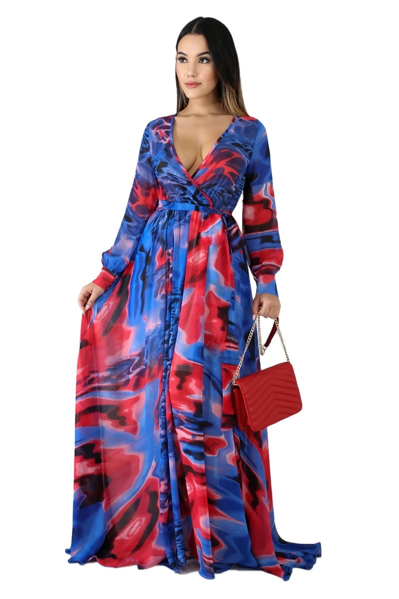 Women Dress V-neck Long Sleeve Plus Size Print Dresses Sexy Vintage Flowers Summer Clothes 210524