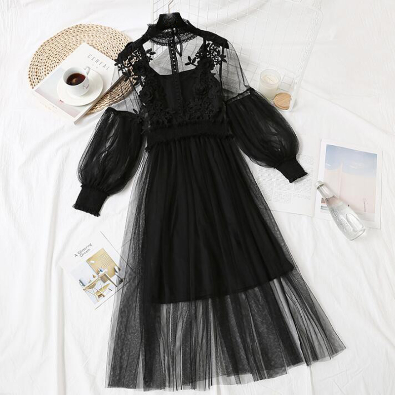 Summer Korean Vintage Stand Collar Lantern Sleeve Dress Waisted Gauze Mid-length Textural Floral Lace Hollow Out Fairy Dress 210521