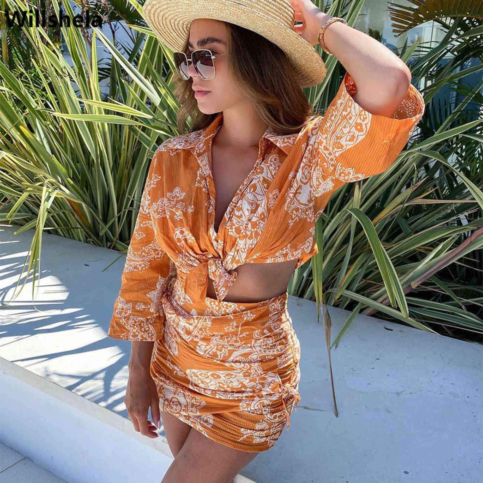 Two Piece Set Women Fashion Printed Bow Crop Shirt Vintage Shirring Mini Skirt Summer Woman Outfit Dress Sets Suits 211106