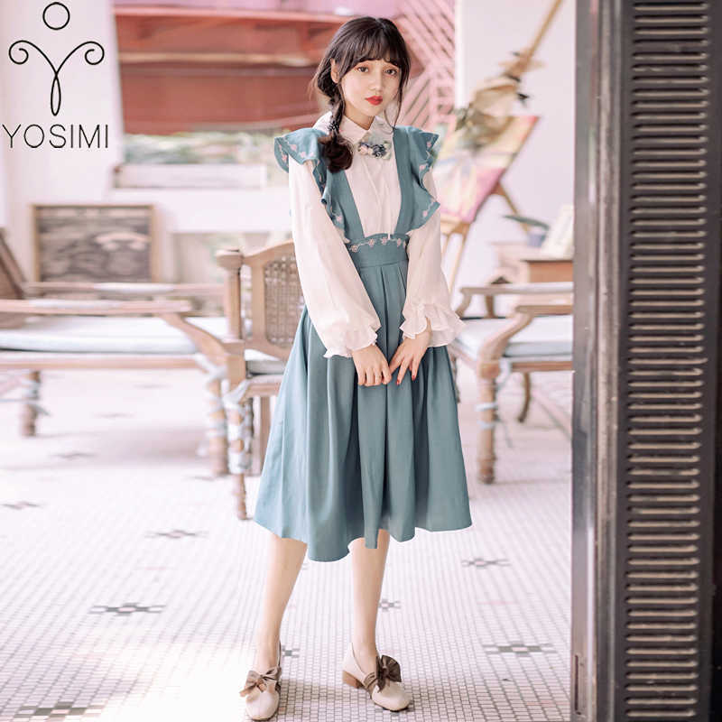 YOSIMI Spring Autumn Full Sleeve White Blouse Shirt Top and Floral Embroidery Blue Strap Dress Two-piece Outfits Mid-calf 210604, Set
YOSIMI Spring Autumn Full Sleeve White Blouse Shirt Top and Floral Embroidery Blue Strap Dress Two-piece Outfits Mid-calf 210604, Set