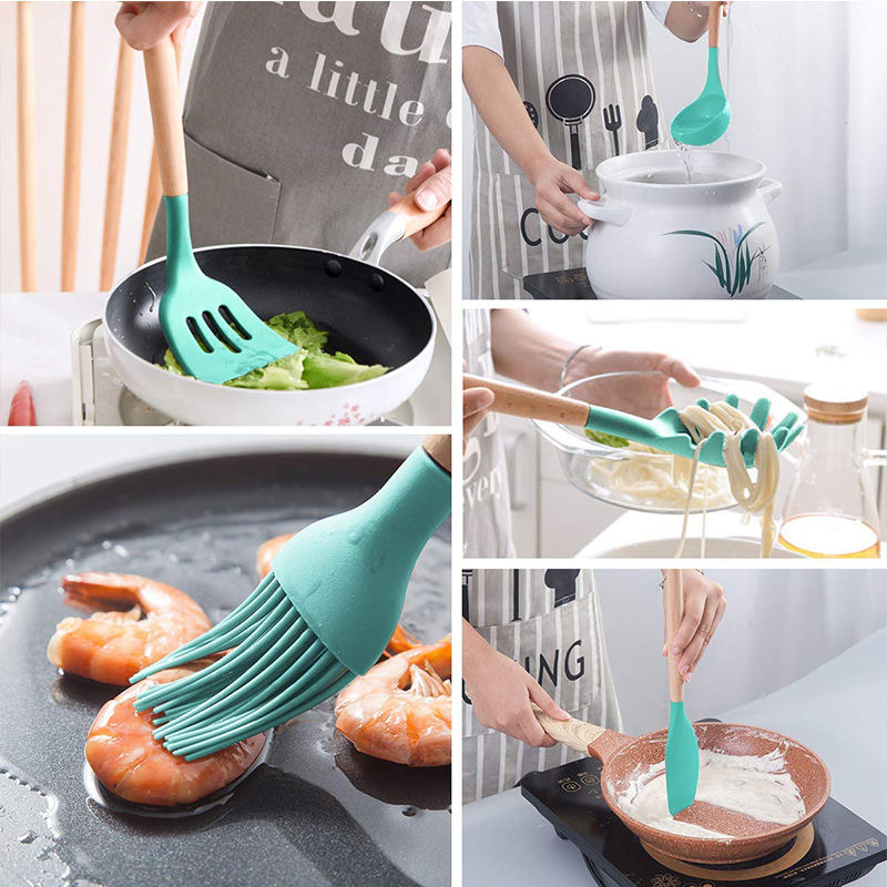 Advanced silicone wooden handle 12 piece set cooking tool set kitchen chef set with storage box spatula spoon kitchen baking cooking tools