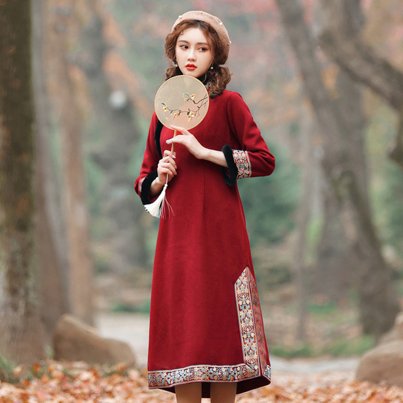 Ethnic Clothing Chinese Cheongsam dress For Women Winter Autumn tang suit New Year party Costume Red Shanghai story Qipao
