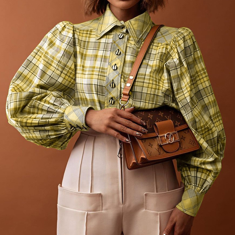 Women Blouse Woman Plaid Blouses Shirts Vintage Casual Plus Size Tops Bloues Stylish Long Sleeve s Clothes 210524