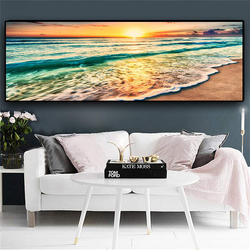Natural Gold Beach Sunset Landscape Posters and Prints Canvas Painting Mediterran Scandinavian Wall Art Picture for Living Room