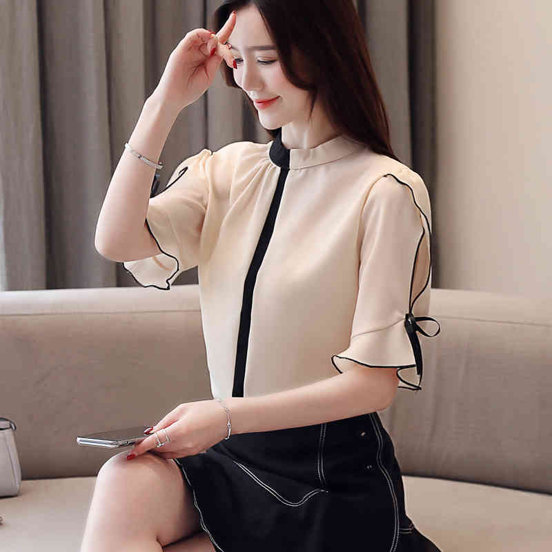 Summer Large Size Hit Color Loose Slim Chiffon Blouse Women Short-Sleeve Stand Collar All-match Ladies' Shirt 8956 50 210427