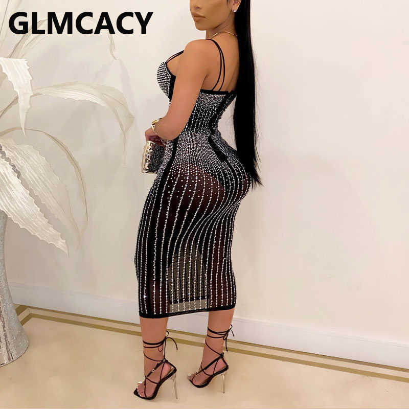 Women Spaghetti Strap Mesh Dress Diamond Embellished Party Midi Dresses 210702
