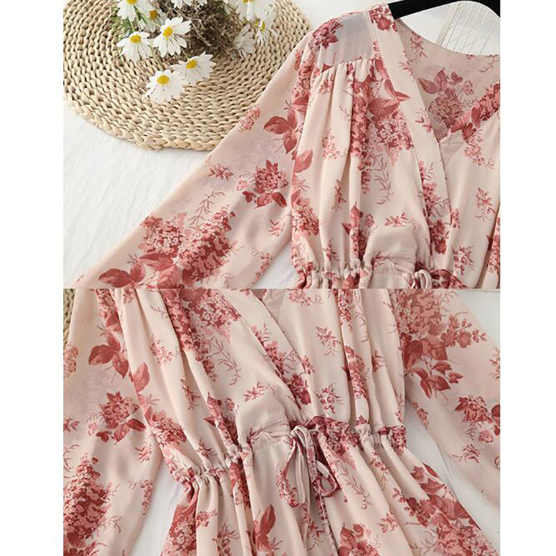 Elegant Floral Dress Spring Summer Women V-neck Print High Waist Chiffon Dresses Vintage Drawstring Ruffle Midi Vestidos 210521