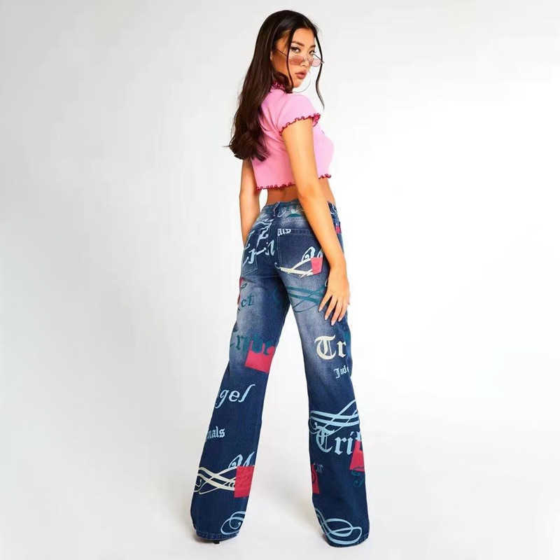 Fashion Letter Pattern Jeans Women Blue Vintage Streetwear Denim Trousers Wide Leg Pants Lady Casual Flared 210922