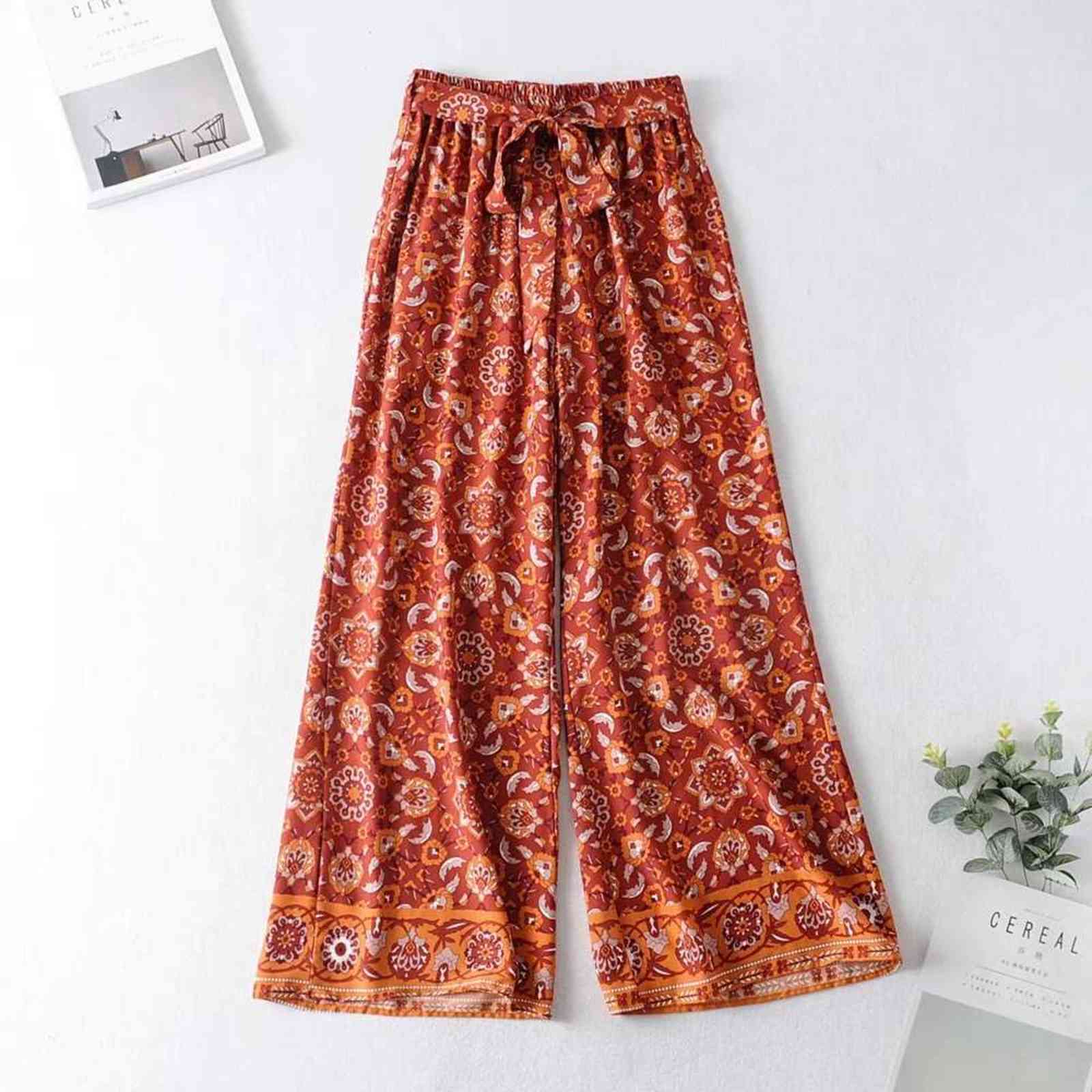 Bohemian Orange Totem Flower print Wide Leg Pants Ethnic Woman Holiday Elastic Waist Bow Full length Trousers Femme Casual 211115