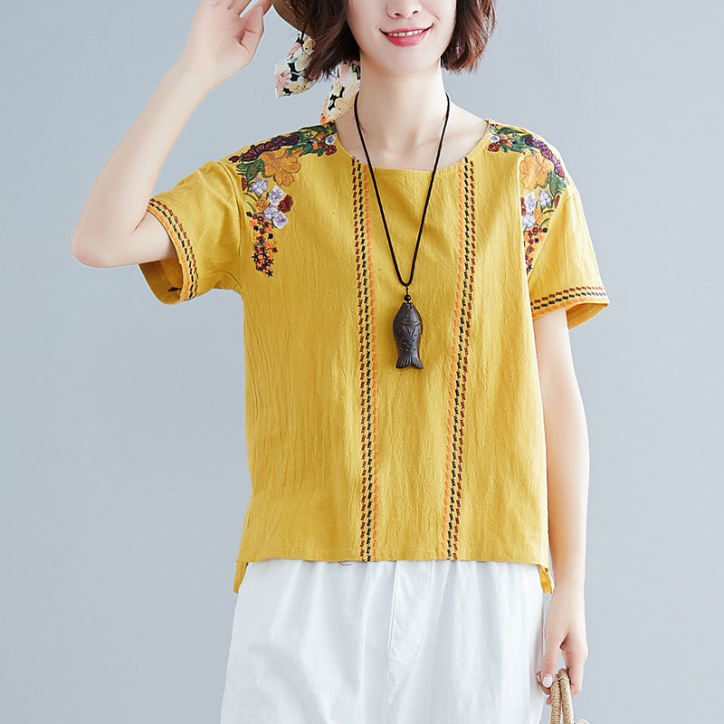 Summer Women T Shirt Plus Size Cotton Linen Flower Embroidery O-neck Loose Vintage Tee Femme Tops 5 colour L8119 210512