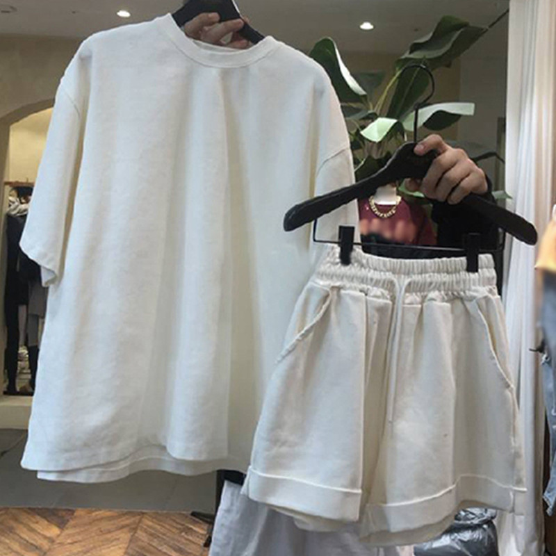 Nomikuma Spring Summer 2pieces Sets Short Sleeve O-neck Causal T Shirts + Lace Up High Waist Shorts Korean Outfits 6F864 210427