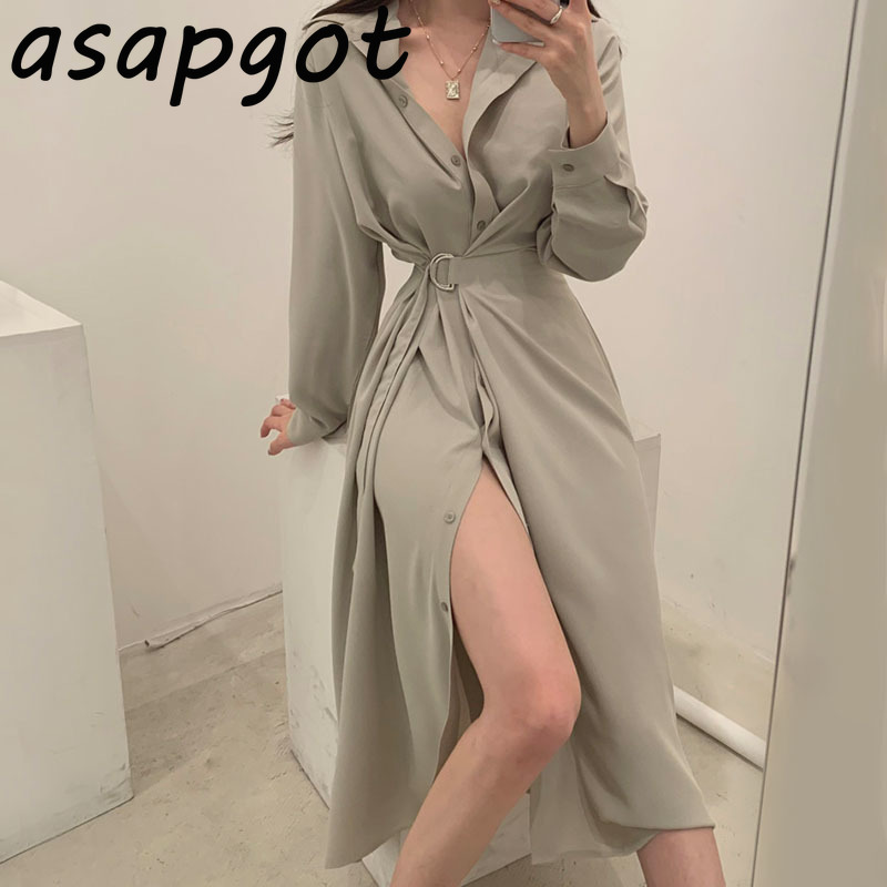 Temperament Elegant Chic Turn Down Collar Lace Up Waist Long Sleeve Shirts Dress Women Plus Size One Pieces Vestidos De Mujer 210429