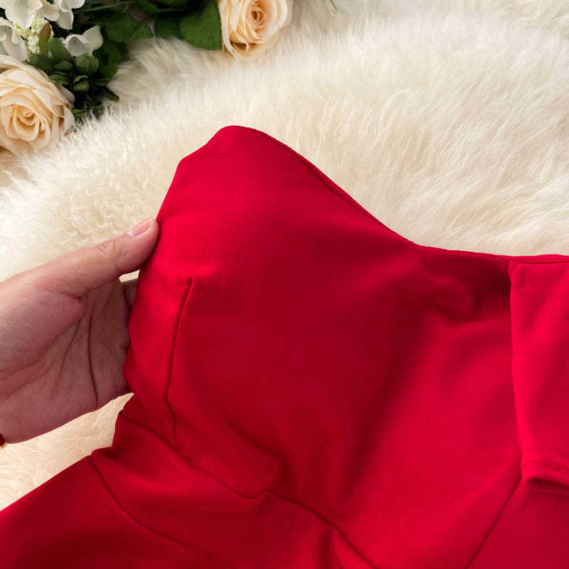 DEAT Spring Summer Arrivals Solid One Shoulder Diagonal Collar Ruffles High Waist Fashion Slim Women Dress MZ852 210709