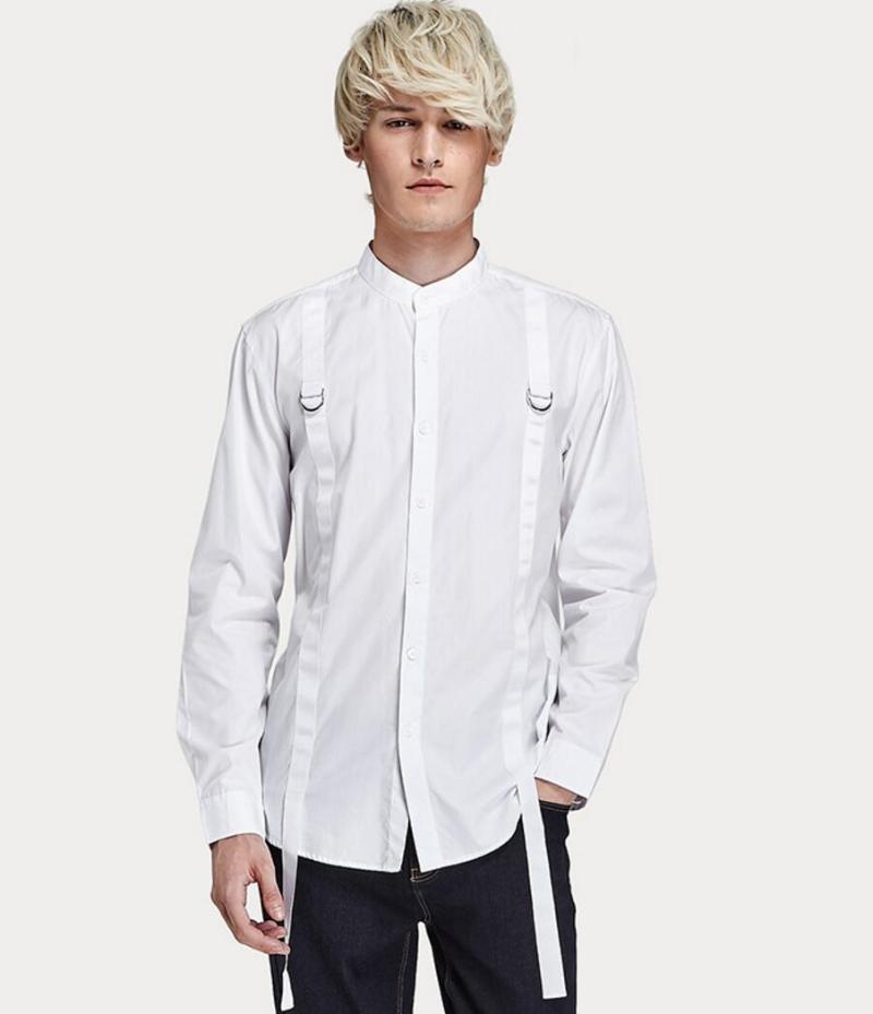 S-6XL 2021 Men's Clothing Hair Stylist Fashion Model Ribbon Decoration Classic Collar Long Sleeve Shirt Plus Size Costumes Casual Shirts