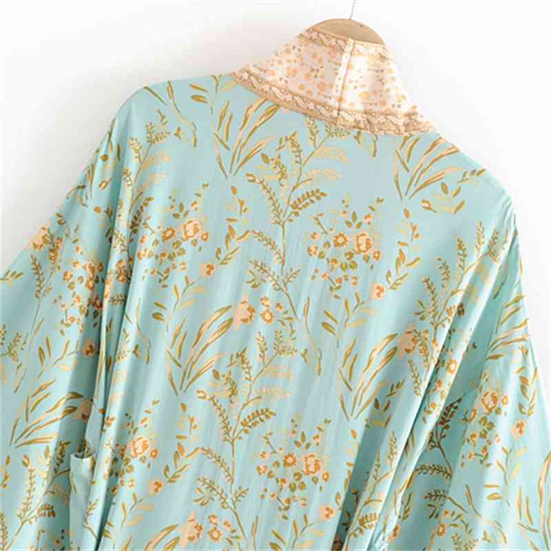 New Hot Selling Vintage Boho Floral Print Long Kimono Cardigan Summer Tops Belted Beachwear Vestido Blusas Mujer 210323