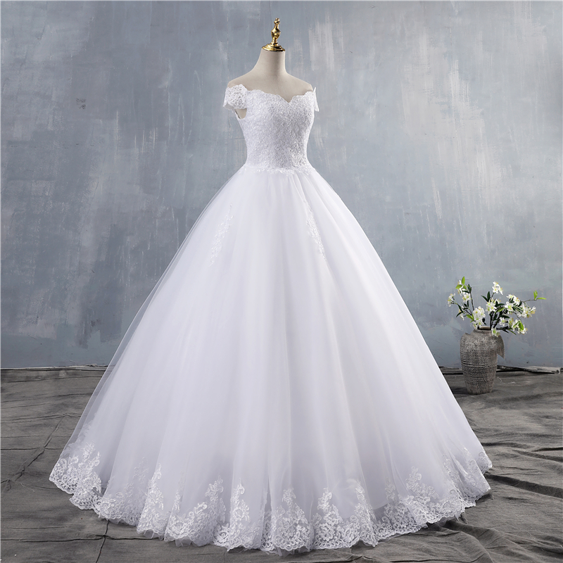 ZJ9143 2021 Ball Gown Off The Shoulder Wedding Dresses Short Sleeves Bridal Dress White Ivory Lace Appliques